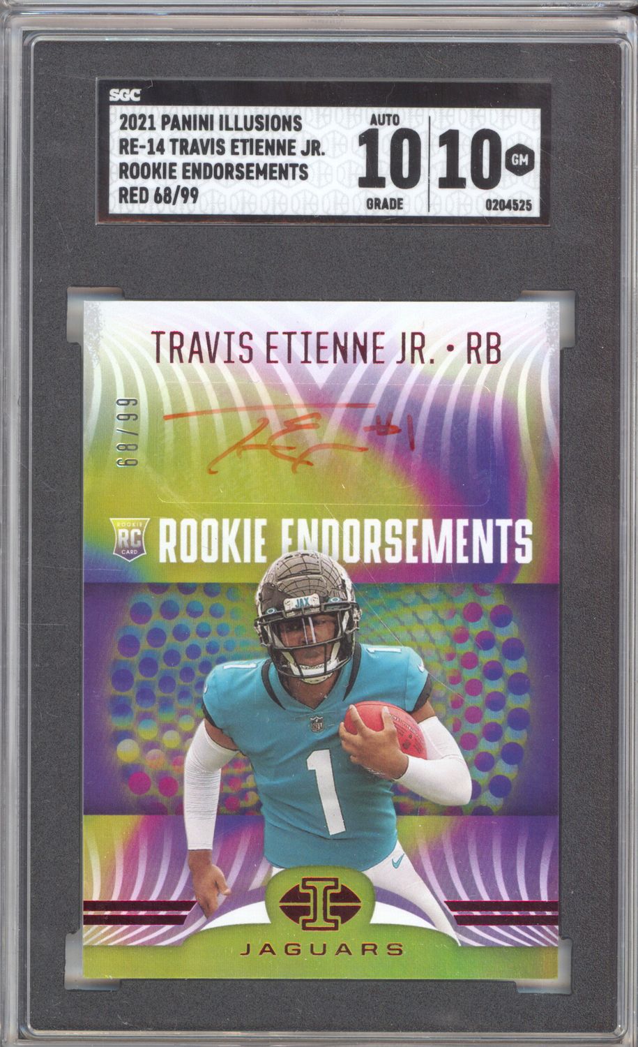 2021 Panini Illusions RE-14 Travis Etienne jr Rookie Endorsements red /99 SGC 10-10