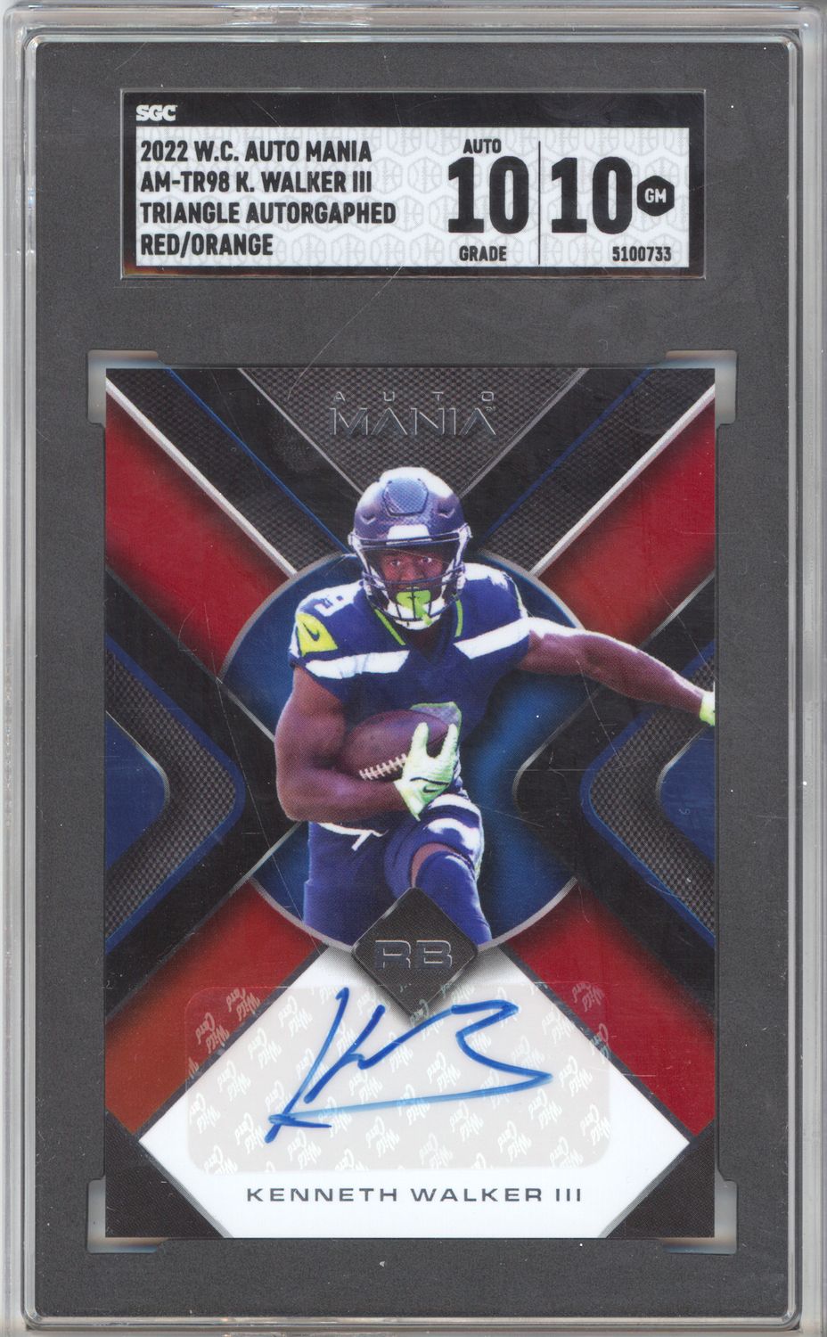 2022 Wild Card Auto Mania AM-TR98 Kenneth Walker III Triangle Auto Red/Orange SGC 10-10