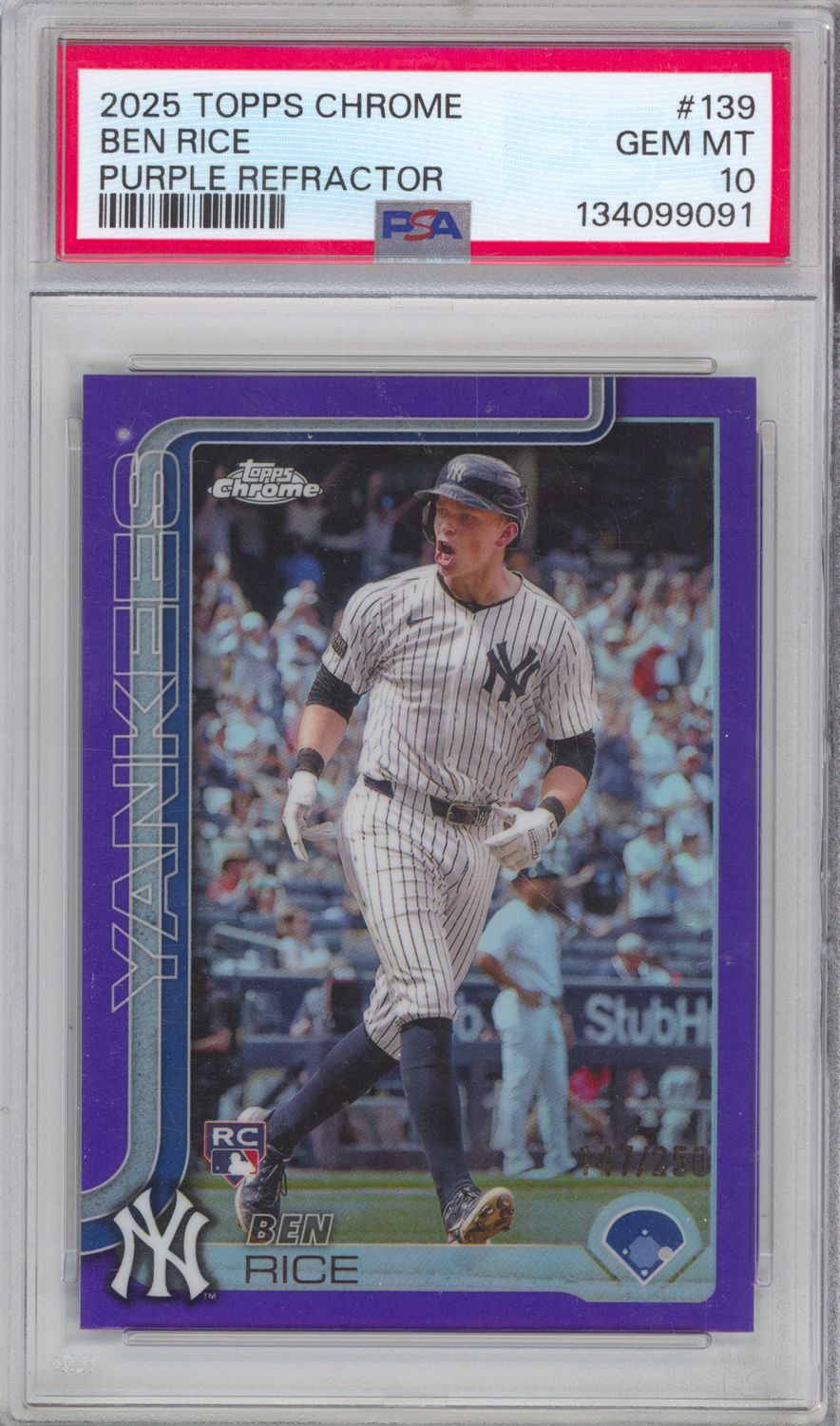 2025 Topps Chrome #139 Ben Rice Purple Refractor #/250 PSA 10