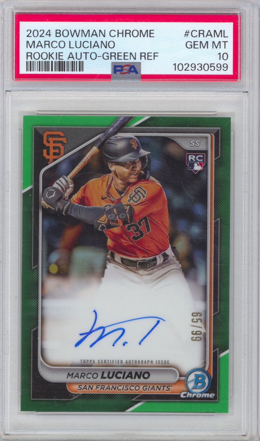 2024 Bowman Chrome #CRA-ML Marco Luciano Rookie Autograph Green Refractor #/99 PSA 10