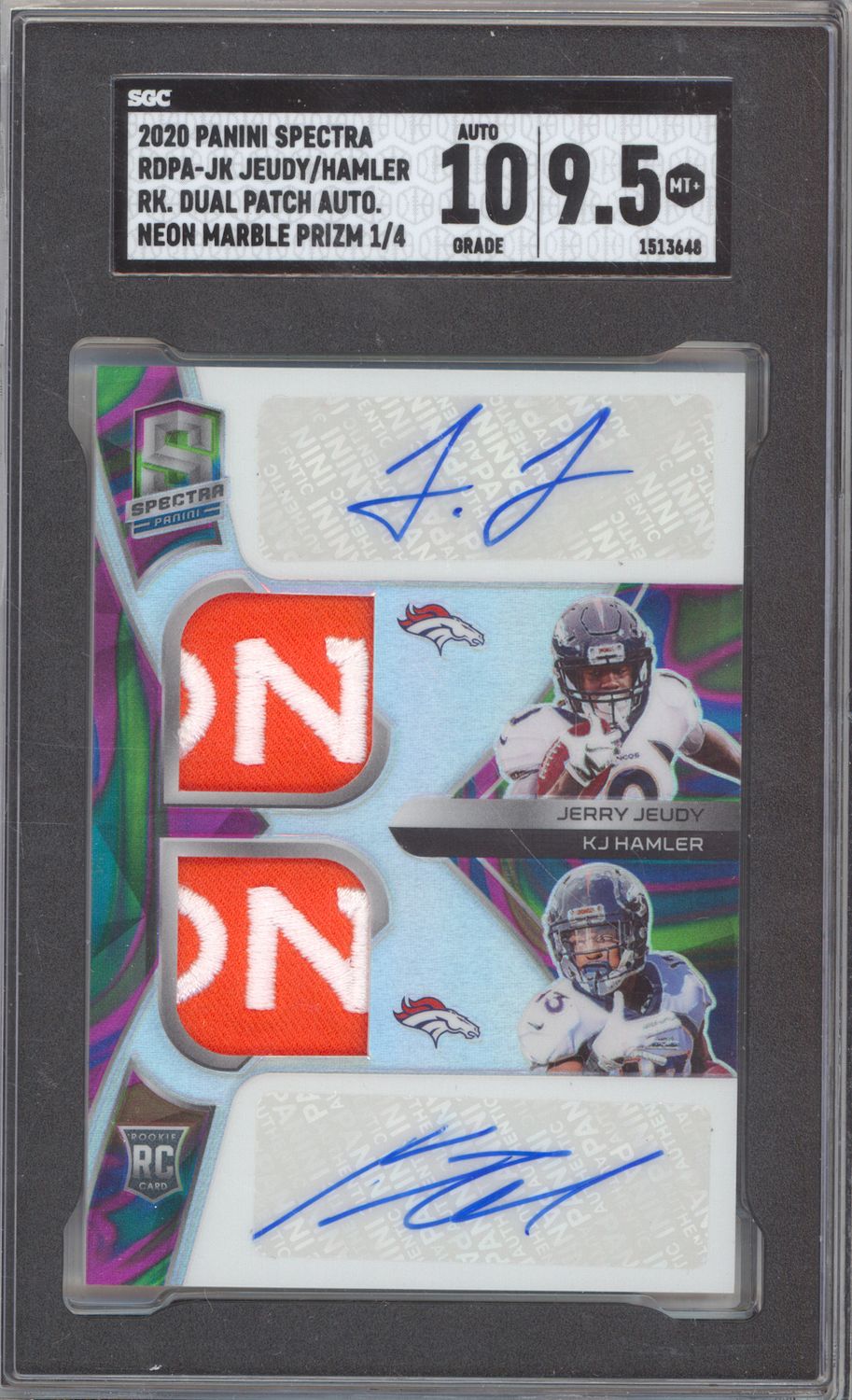 2020 Panini Spectra #RDPA-JK Jerry Jeudy / KJ Hamler Rookie Dual Patch Autograph Neon Marble #/4 SGC 9.5 Auto 10
