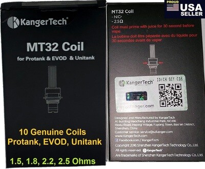 AUTHENTIC Kangertech MT32 Single Coil Unit. Cotton Wick. For Protank 1 &amp; 2, EVOD1 Unitank. 1.5, 2.2, 2.5 Ohm. 10 Coils (2 packs of 5 each)