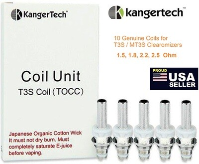 Kangertech TOCC T3S/MT3S Clearomizer Coil Unit. Organic Cotton Wick. AUTHENTIC. 1.5, 1.8, 2.2, 2.5 Ohm. 20 Coils (4 packs of 5 each)