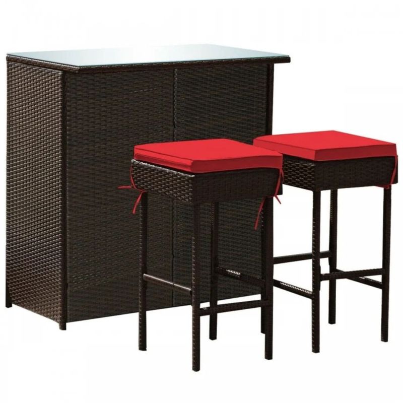 COSTWAY 3 Pieces Outdoor Rattan Wicker Bar Set with 2 Cushions Stools