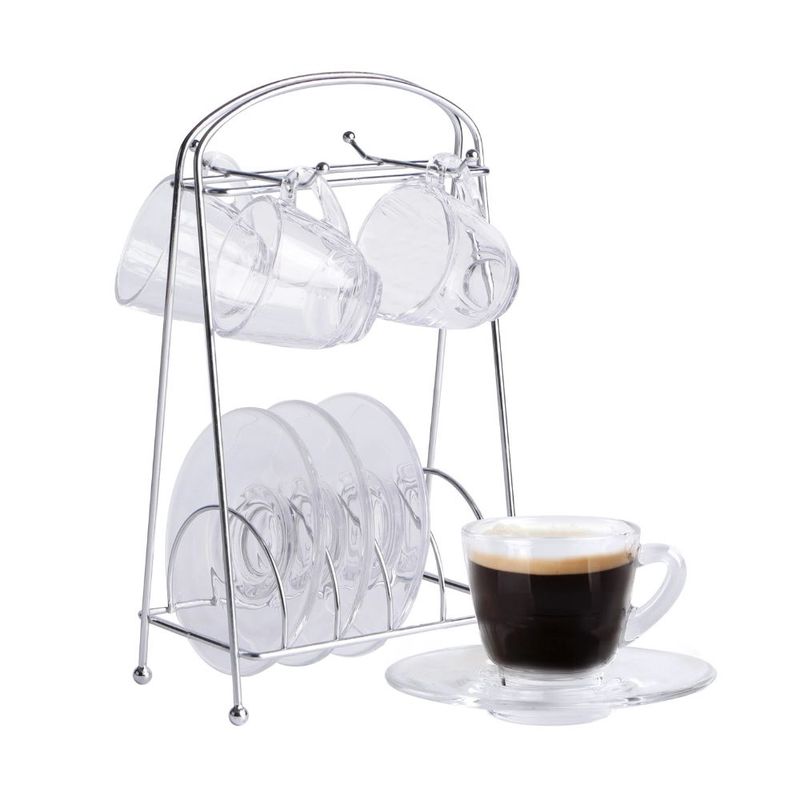BENE CASA 4-Cup Glass Espresso Set with Coasters and Stainless Steel Rack