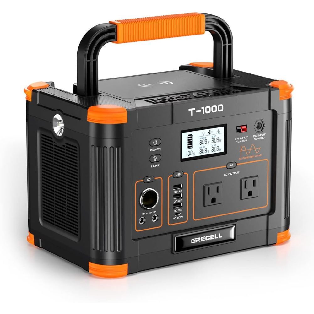 GRECELL T-1000 Portable Power Station 1000W, 999Wh Solar Powered Generator with 110V AC Outlet, PD 60W Fast Charging Backup Lithium Battery Pack Power Supply GR-SE0003