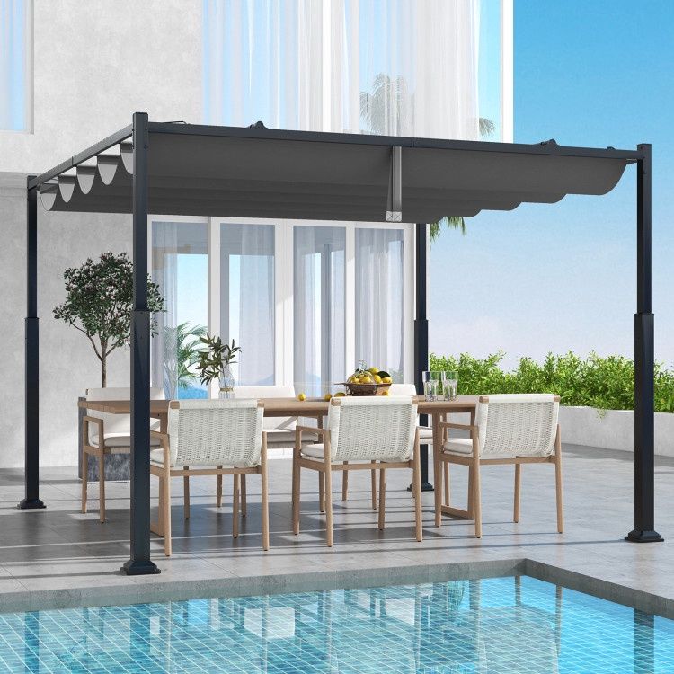 COSTWAY 10 x 10 Feet Outdoor Pergola with Retractable and Metal Columns Gray
