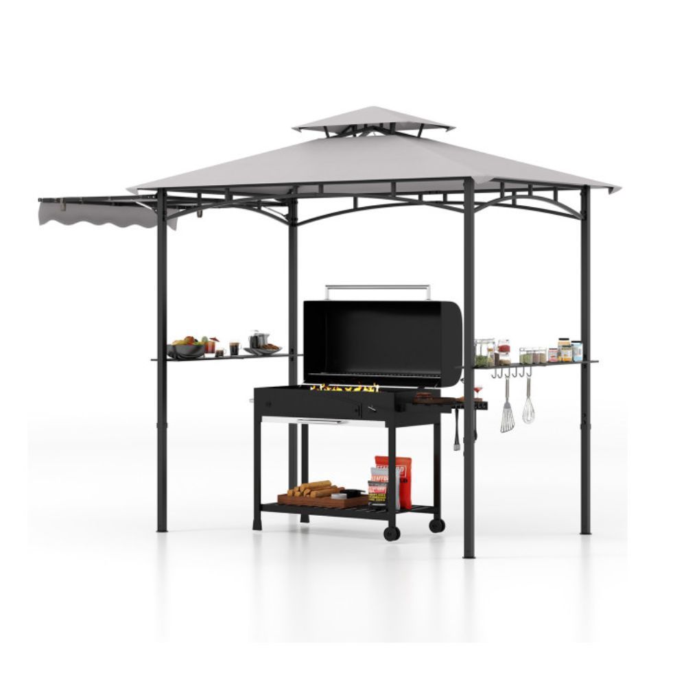 COSTWAY 10.5 x 5 FT Grill Outdoor Pergola with Side Awning and Double-Tiered Top Grey