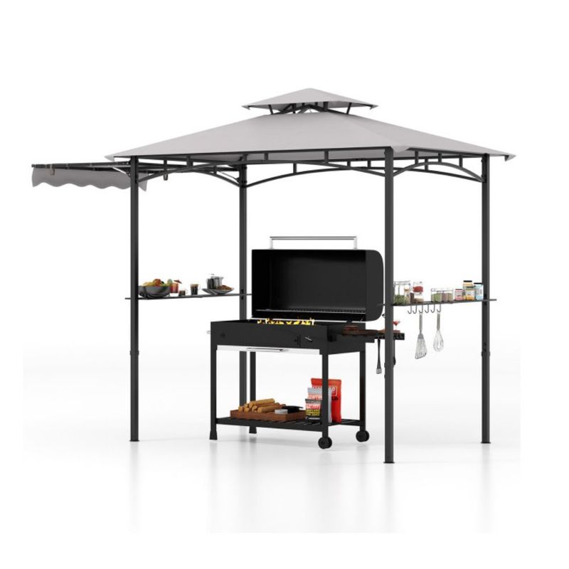 COSTWAY 10.5 x 5 FT Grill Outdoor Pergola with Side Awning and Double-Tiered Top Grey