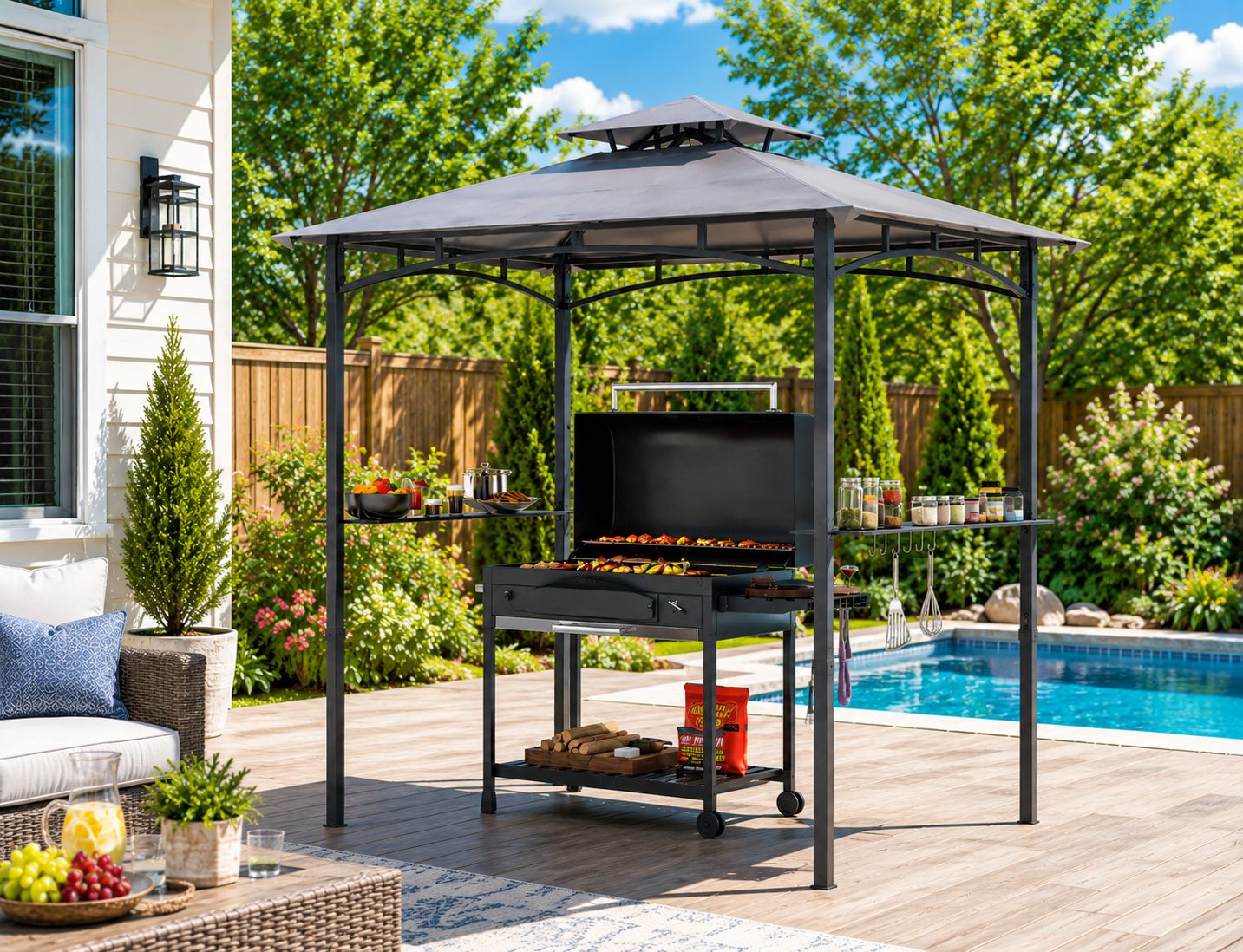 Costway 10.5 x 5 FT Grill Outdoor Pergola with Side Awning and Double-Tiered Top Grey