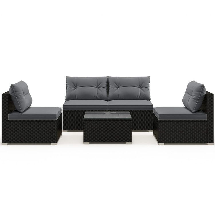 COSTWAY 5 Pieces Cushioned Patio Rattan Furniture Set with Glass Table Gray