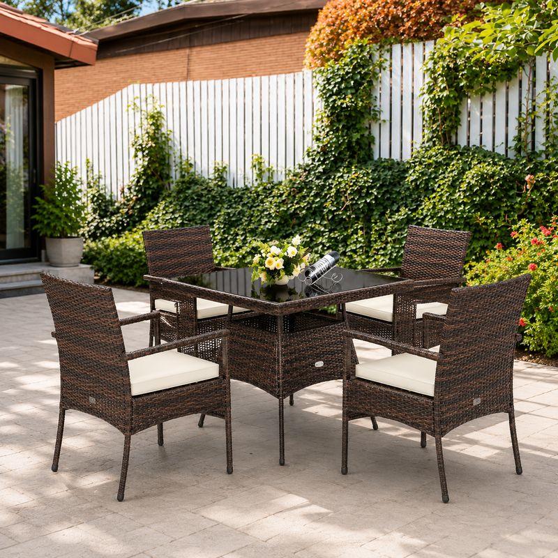 Costway 5-Piece Wicker Brown Patio Dining Set – Weather-Resistant PE Wicker, Powder-Coated Steel Frame, Seats 4 with Removable Cushions (HW67788)