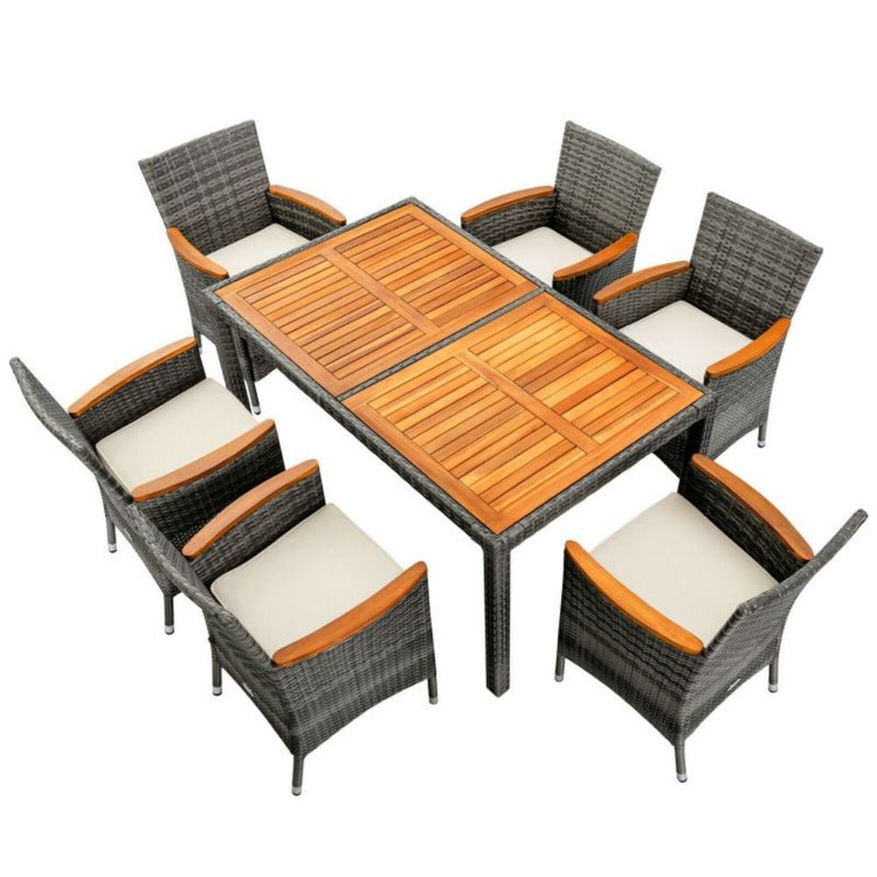 COSTWAY 7 Pieces Patio Acacia Wood Cushioned Rattan Wicker Dining Set