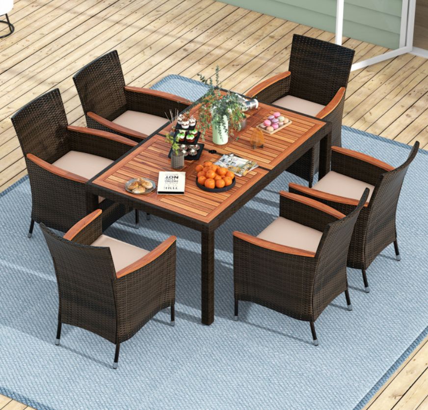 COSTWAY 7 Pieces Patio Acacia Wood Cushioned Rattan  BrownWicker Dining Set
