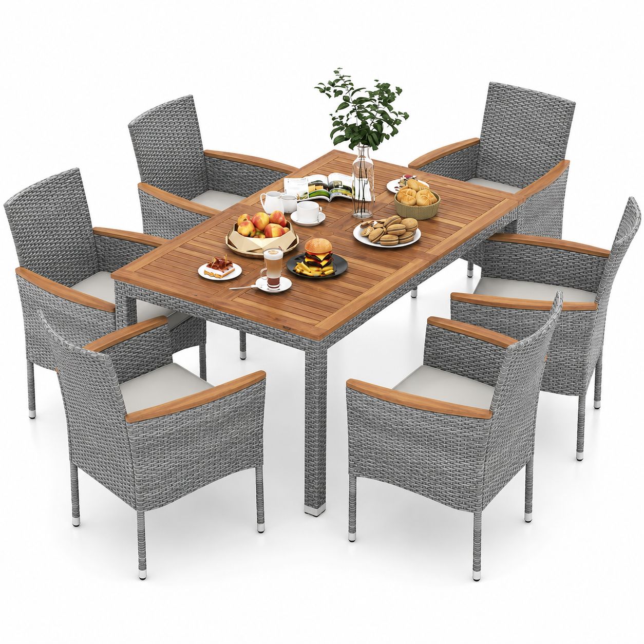 COSTWAY 7 Pieces Acacia Wood Patio Dining Set Cushioned Rattan Grey Wicker