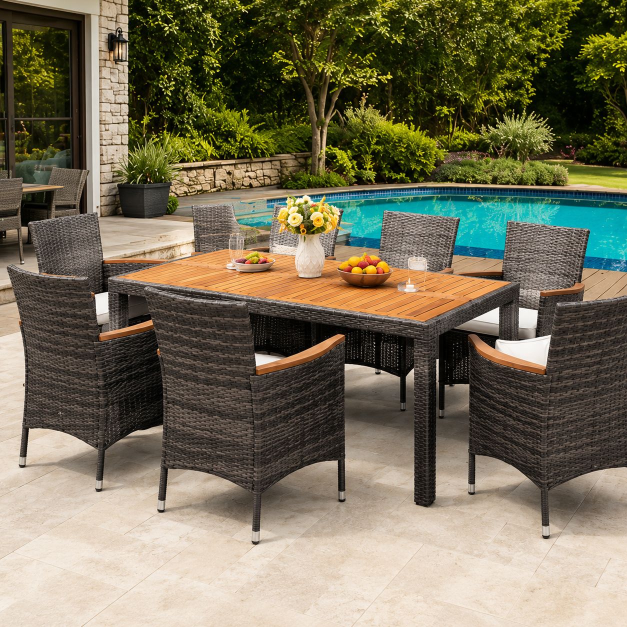 Costway 7 Pieces Acacia Wood Patio Dining Set Cushioned Rattan Grey Wicker