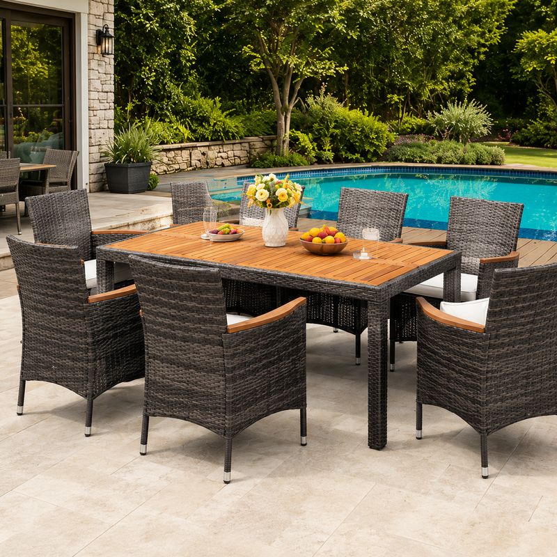 Costway 7-Piece Acacia Wood Patio Dining Set – Seats 6, Weather-Resistant Grey PE Rattan Wicker with Cushioned Armchairs & Built-In Umbrella Hole Costway 7-Piece Acacia Wood Patio Dining Set – Seats 6, Weather-Resistant Grey PE Rattan Wicker with Cushioned Armchairs & Built-In Umbrella Hole