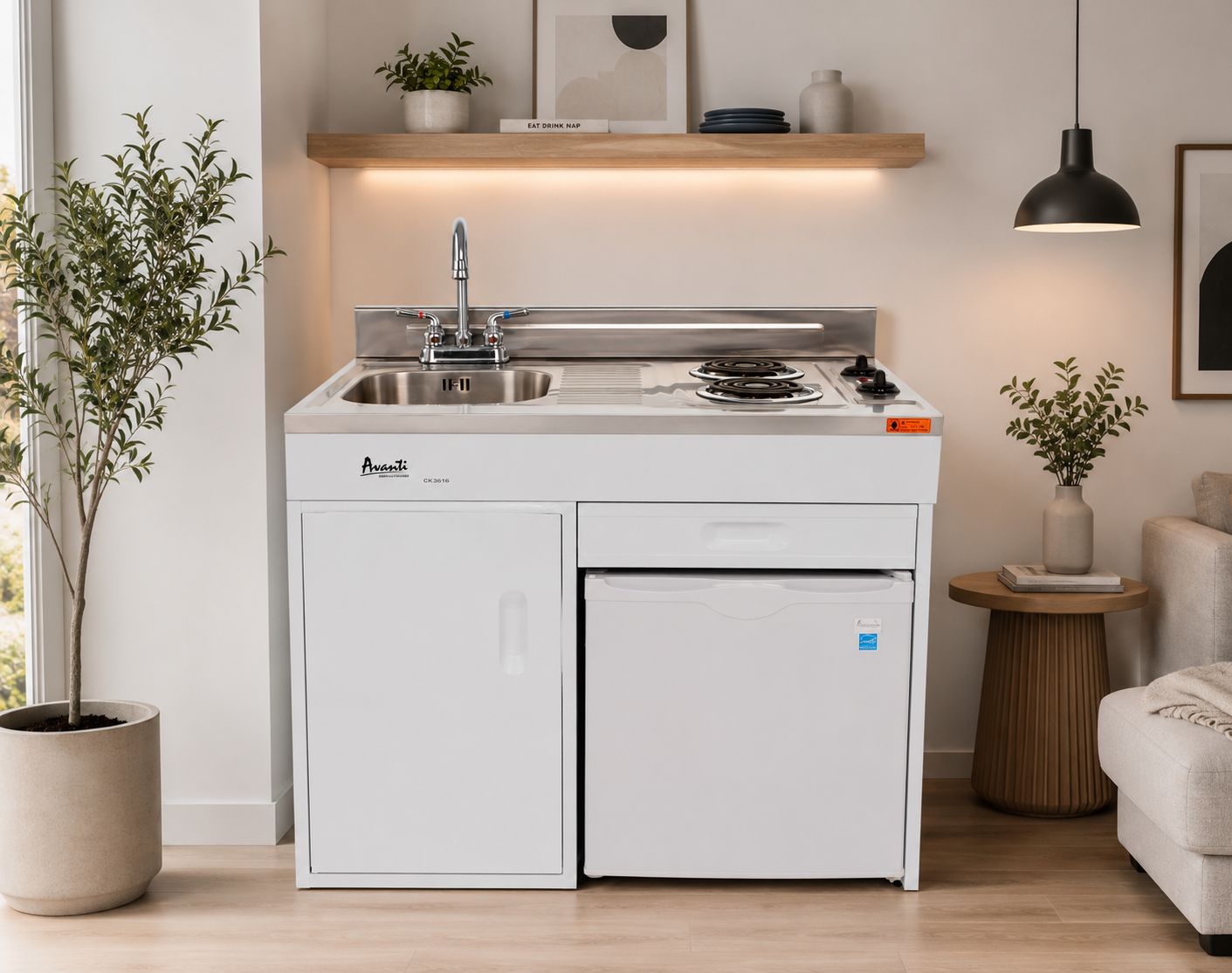 Avanti 36" Compact Kitchen with 2.2 Cu. Ft. Refrigerator, Two Electric Coil Burners, Stainless Steel Countertop &amp; Sink, White (CK3616)