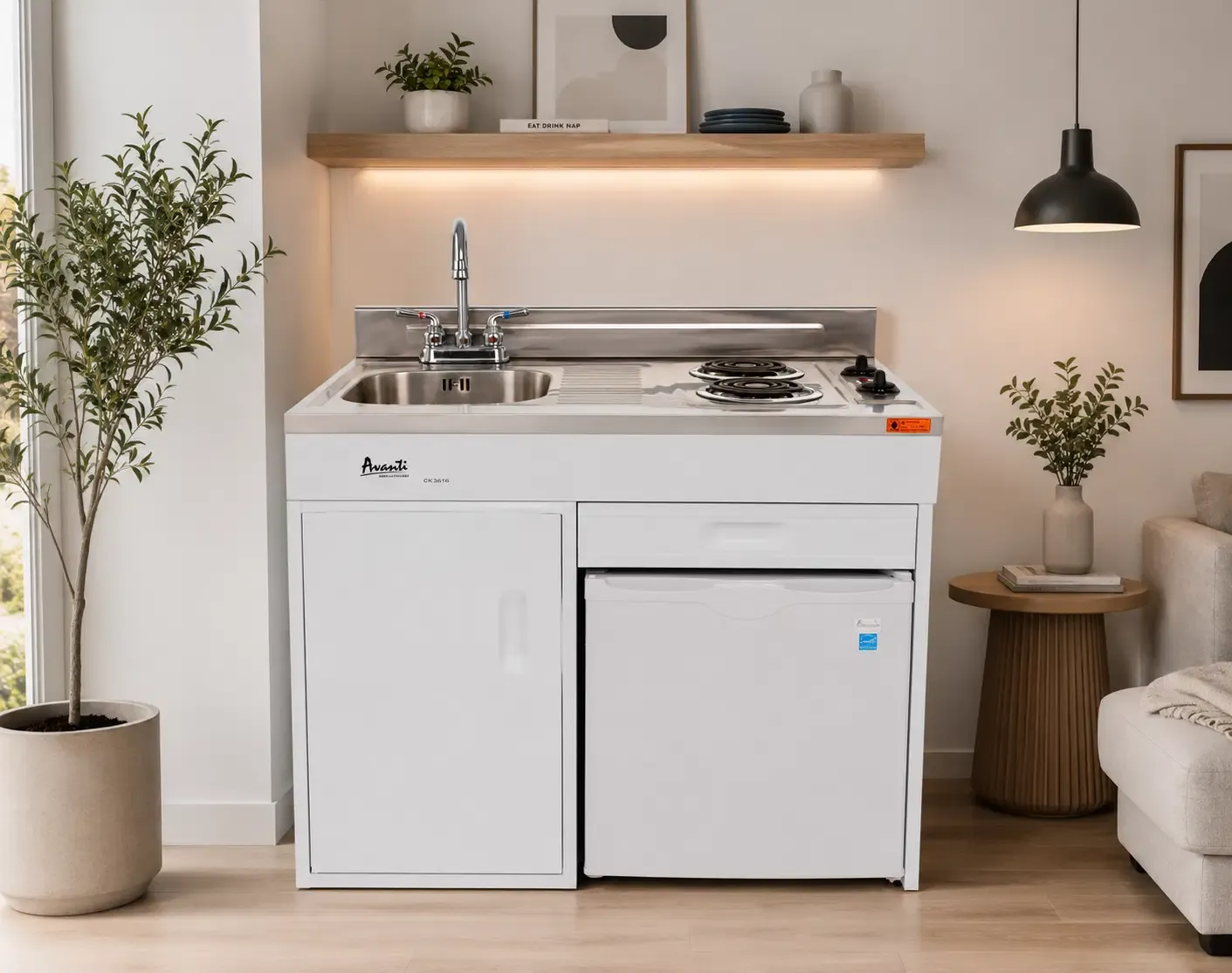 Avanti 36" Compact Kitchen with 2.2 Cu. Ft. Refrigerator, Two Electric Coil Burners, Stainless Steel Countertop &amp; Sink, White (CK3616)