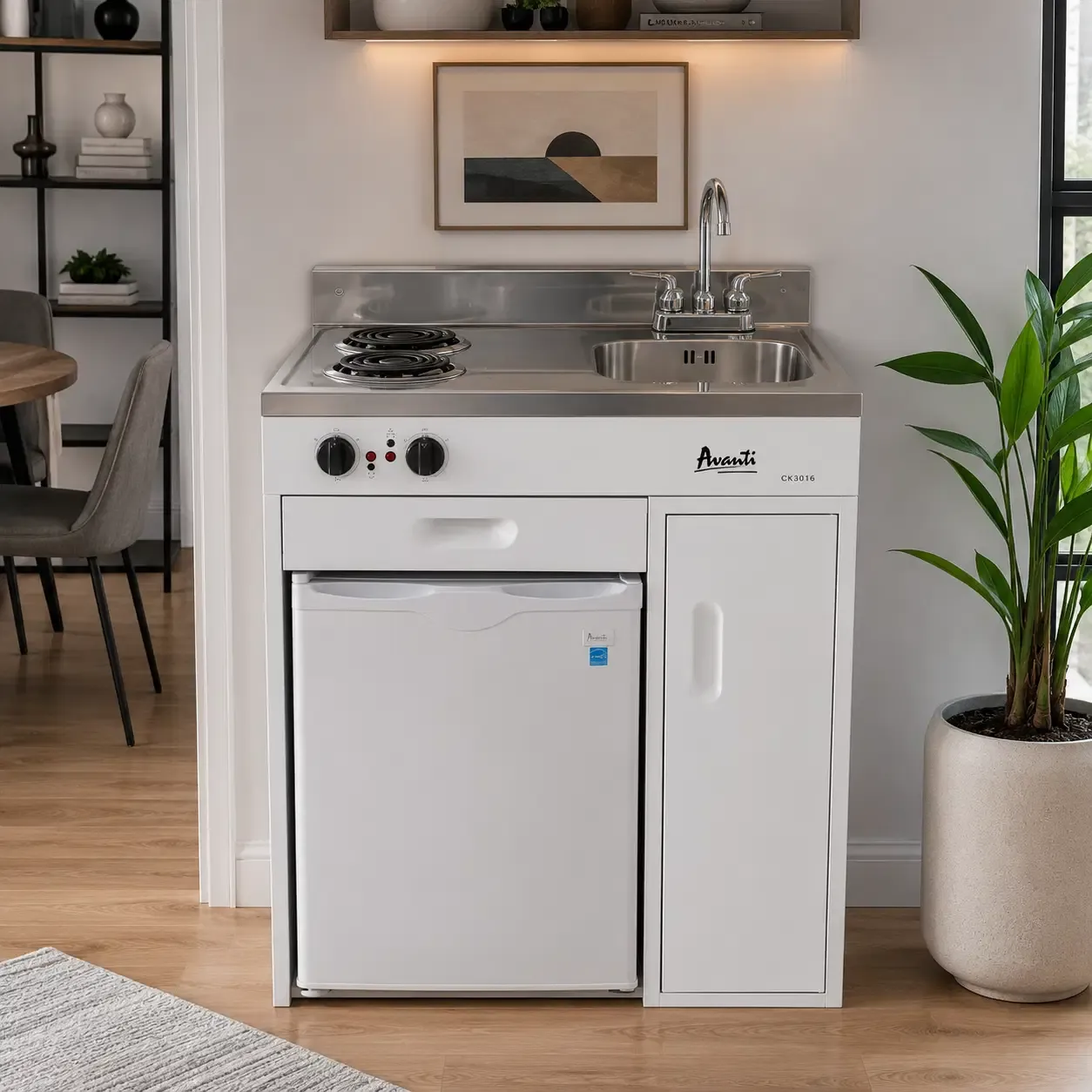 Avanti 30" Compact Kitchen With Mini Fridge – 2.2 Cu. Ft. Refrigerator, Two-Burner Electric Cooktop, Stainless Steel Countertop &amp; Sink, White (CK3016)
