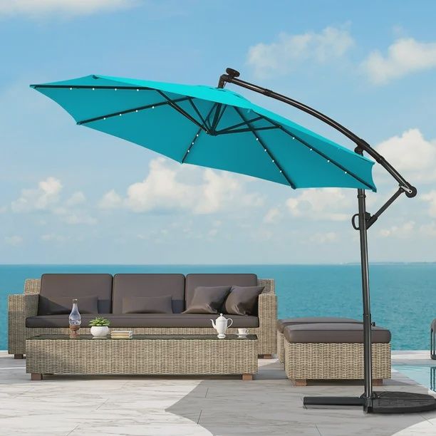 COSTWAY 10FT Solar Powered Metal Umbrella With LED Lights in Turquoise