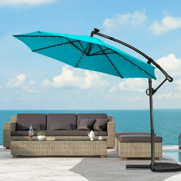 Costway 10FT Solar Powered Metal Umbrella With LED Lights in Turquoise