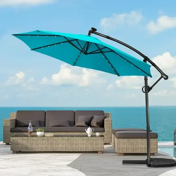 Costway 10 Ft. Solar Powered Metal Patio Umbrella with LED Lights, 360° Rotating Offset Design, Crank Lift, in Turquoise