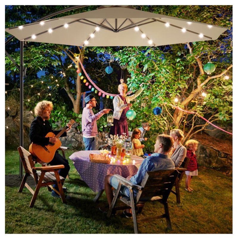 COSTWAY 10 Feet Patio Hanging Solar LED Umbrella Sun Shade with Cross Base