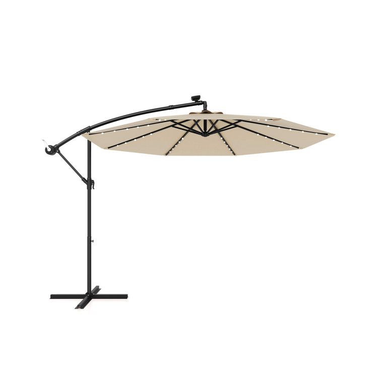 Costway 10 Ft. Offset Patio Umbrella with 40 Solar LED Lights, Crank Lift, Adjustable Tilt, Beige Polyester Canopy, Black Frame &amp; Cross Base, Color: Beige