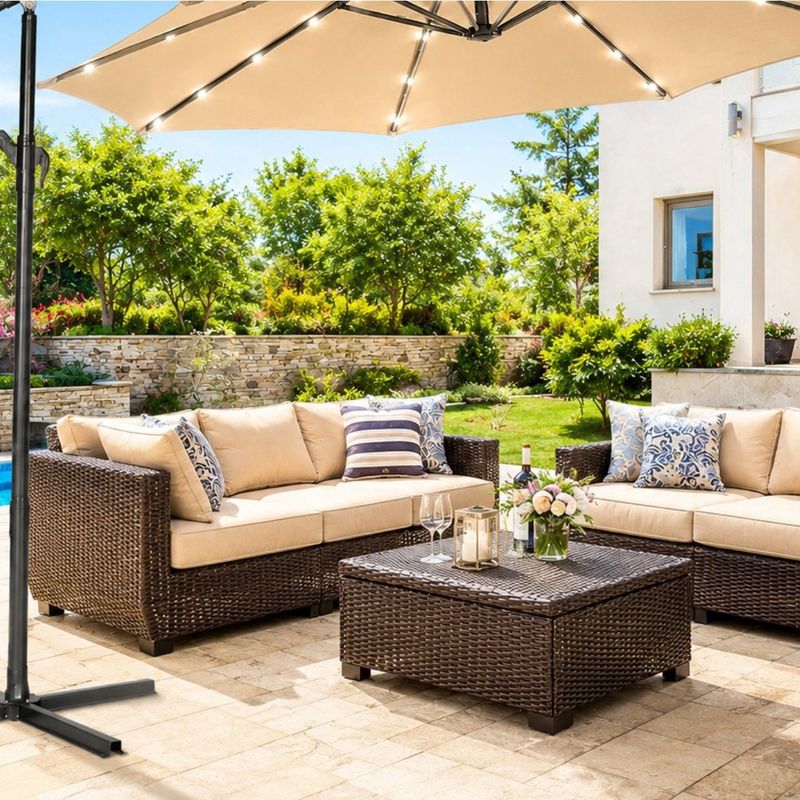 Costway 10 Ft. Offset Patio Umbrella with 40 Solar LED Lights, Crank Lift, Adjustable Tilt, Beige Polyester Canopy, Black Frame &amp; Cross Base
