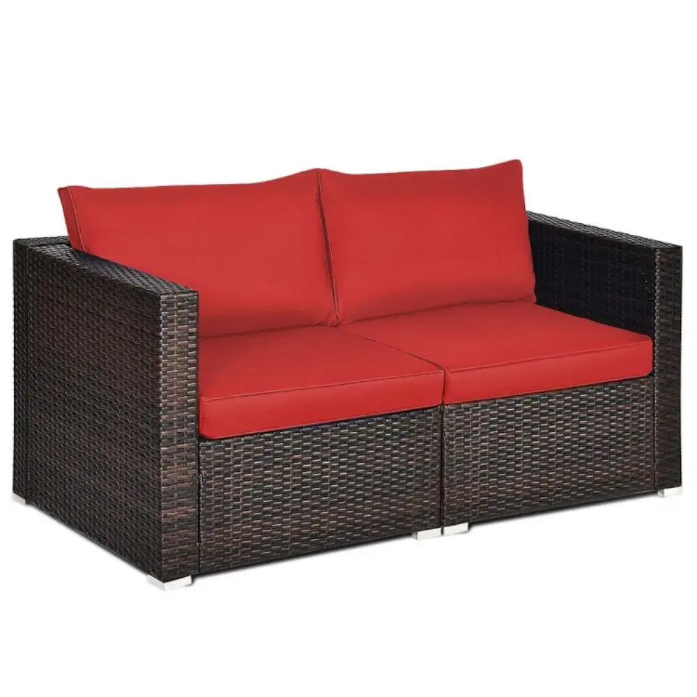 Costway 2-Piece Patio Rattan Sectional Conversation Sofa Set – Weather-Resistant PE Wicker, Color: Red