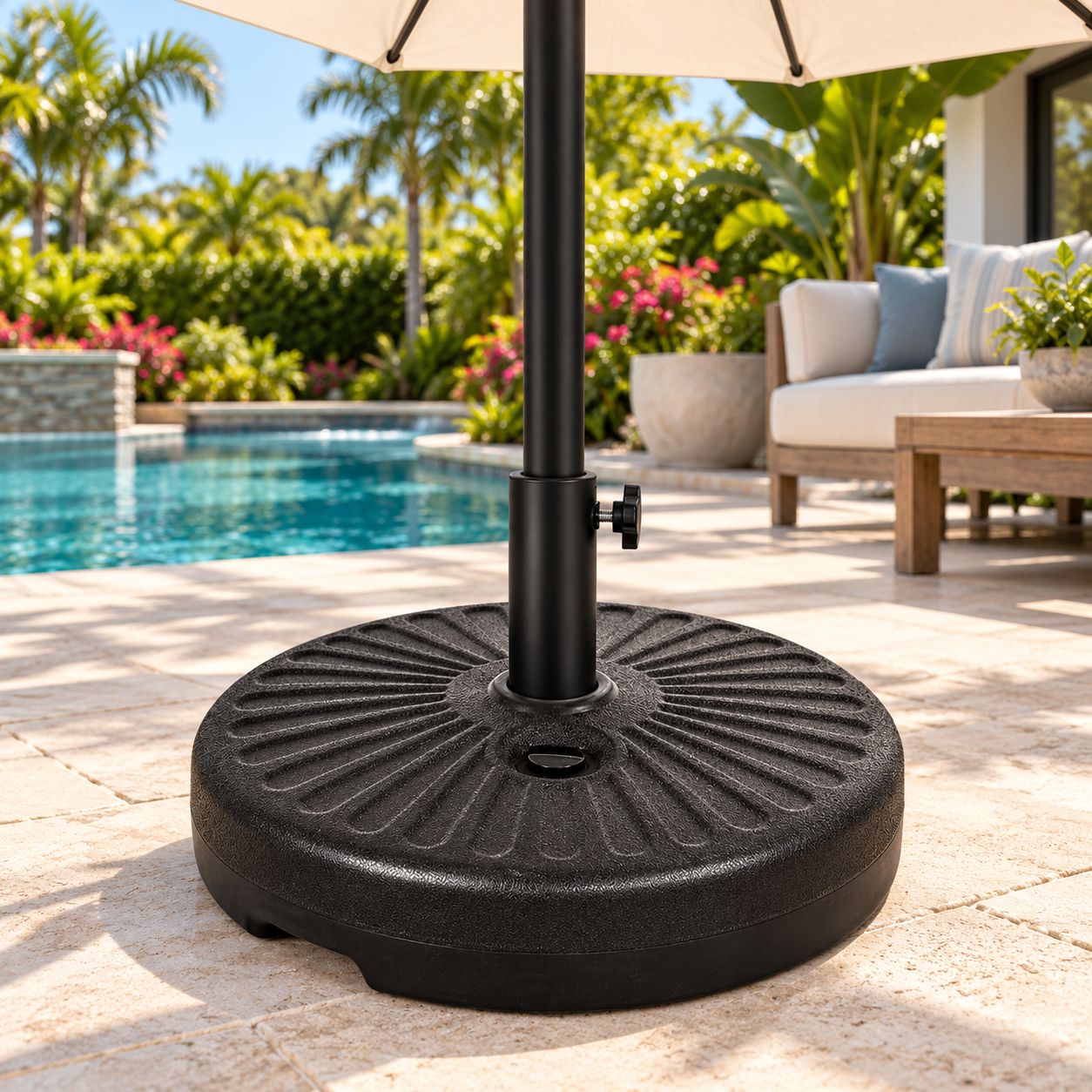 Costway 20 Inch Round Water &amp; Sand Filled Umbrella Base - 23L (4.8 Gal) Capacity, Fits 1.5" &amp; 1.9" Poles, HDPE &amp; Steel Construction, Black