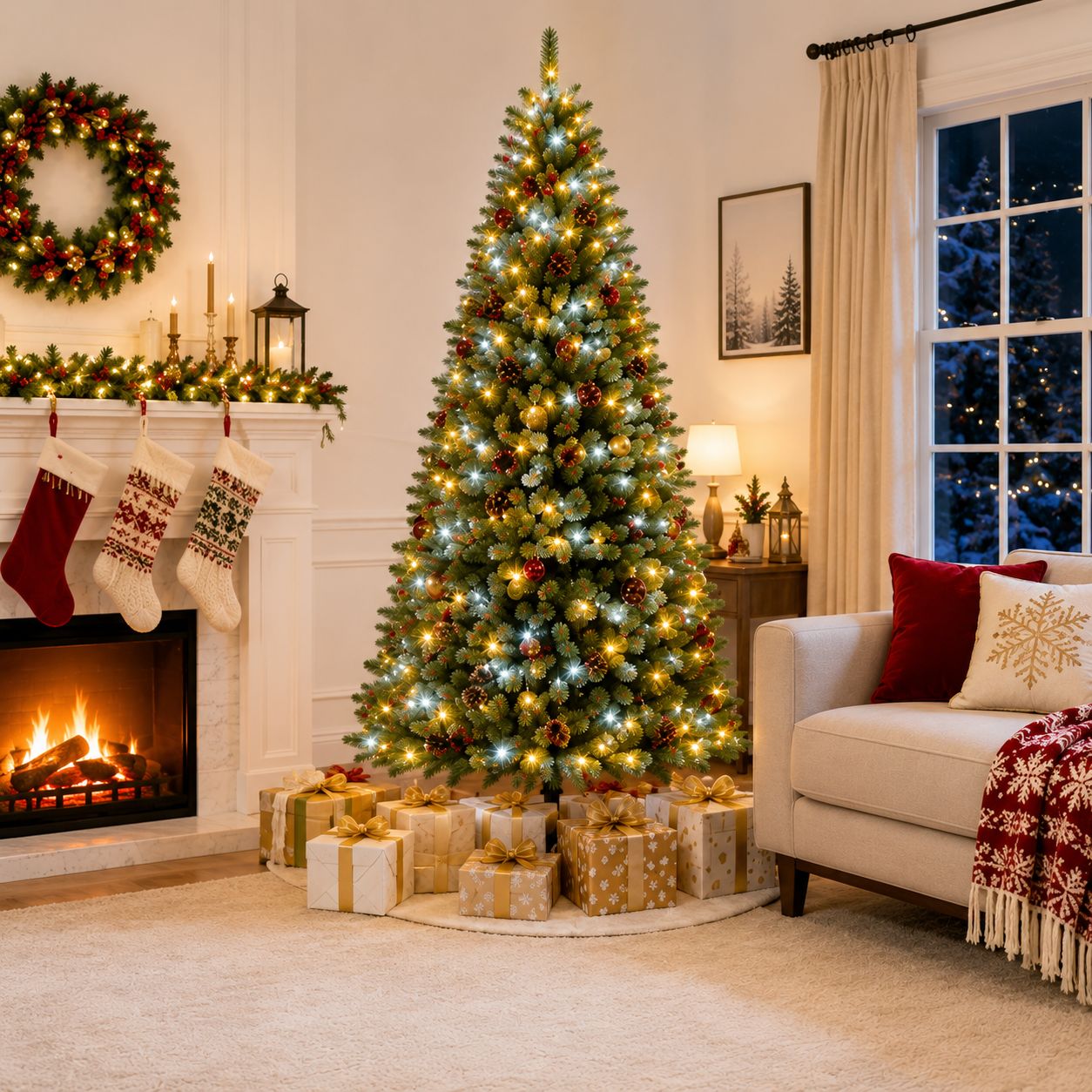 Costway Pre-Lit Hinged Artificial Christmas Tree with Dual-Color LED Lights, 350/500 Lights, Remote Control, Adjustable Brightness, Timer, Green, 6/7 Feet (CM24562US)