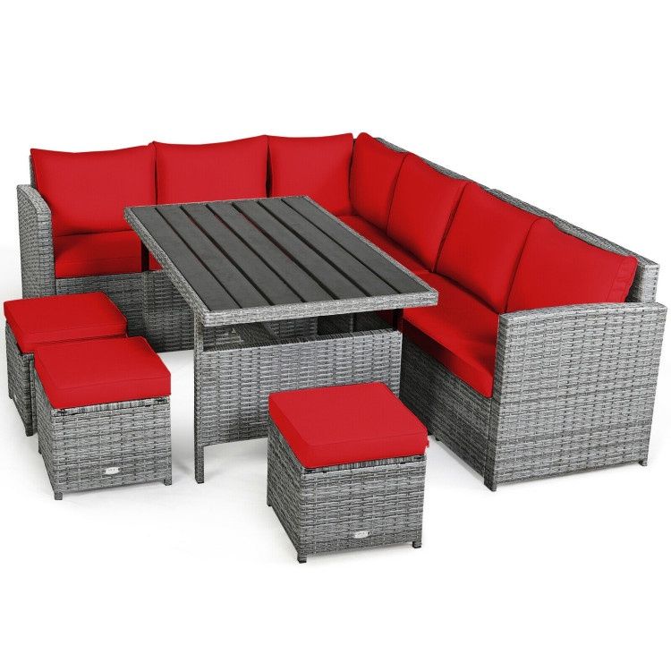 COSTWAY 7 Pieces Outdoor Wicker Sectional Sofa Set with Dining Table