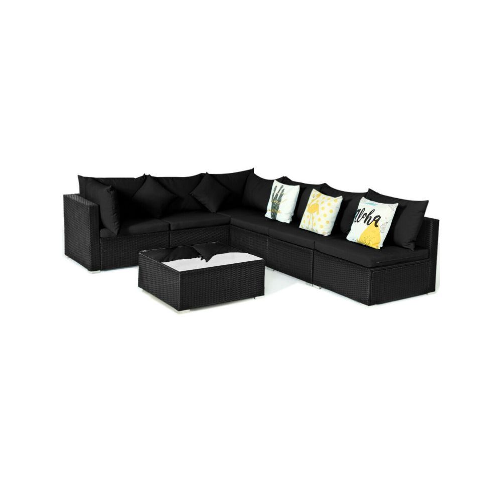 COSTWAY 7 Pieces Sectional Wicker Furniture Sofa Set with Tempered Glass Top, Color: Black