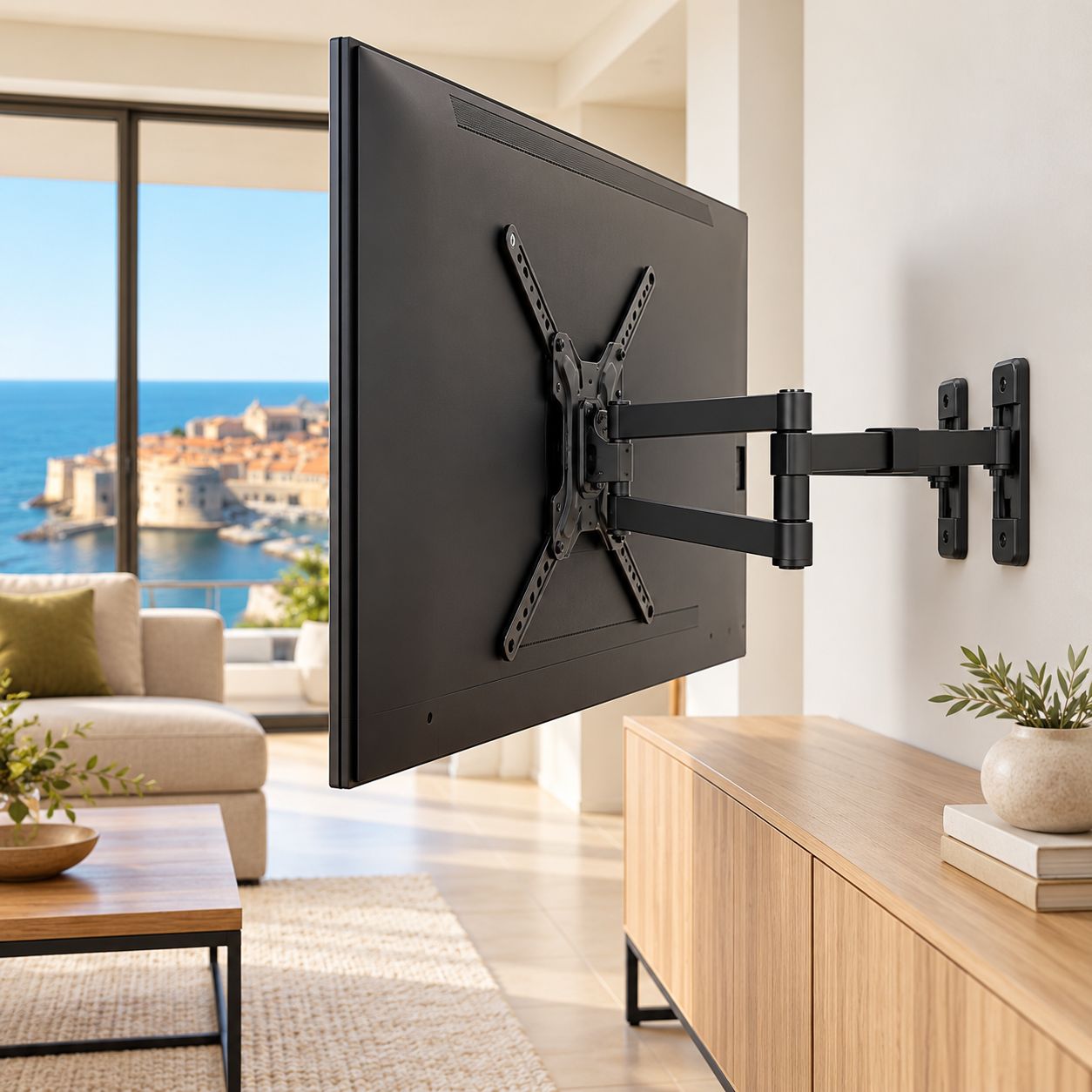 BARKAN 4-MOVEMENT FULL-MOTION DUAL-ARM TV WALL MOUNT FOR 13–90-INCH FLAT AND CURVED SCREENS, 132-LB CAPACITY, 17.8-INCH EXTENSION AND VESA UP TO 600 × 400 MM, BLACK – BM464