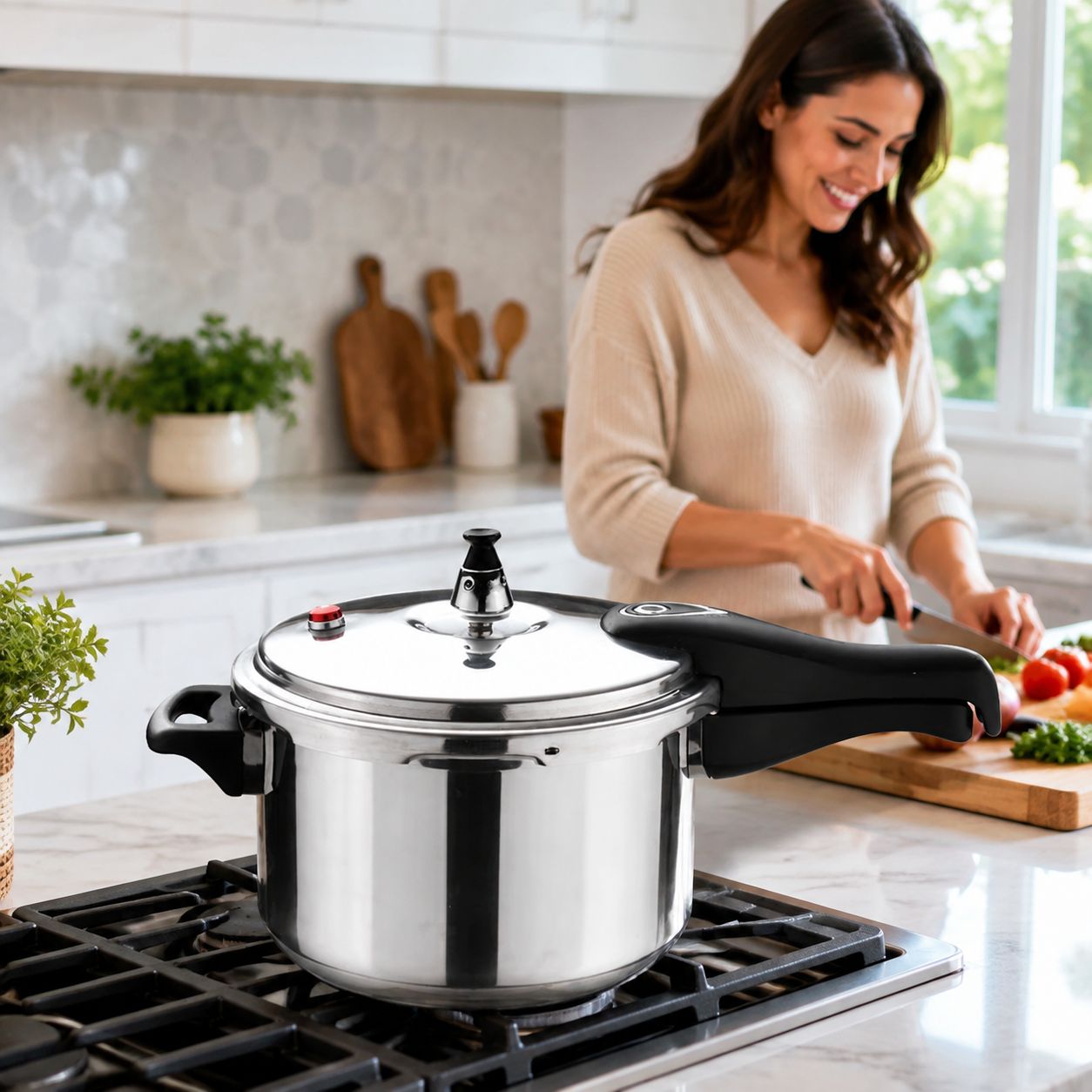 BENE CASA 6 Qt. Stovetop Aluminum Pressure Cooker, Sure-Locking Lid, Triple Pressure-Release Valves, Safety Window, Capsule Base for Even Heating, Polished Silver  BC-61422