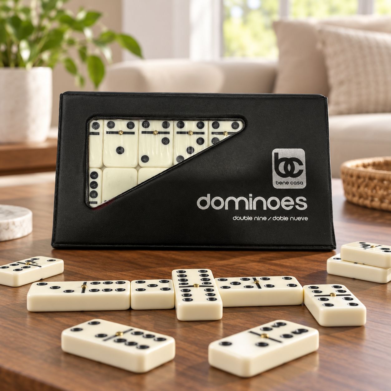 BENE CASA 55-Piece Double 9 Professional Domino Set, White Acrylic Tiles with Black Pips and Spinners, Black Vinyl Storage Pouch  BC-17811