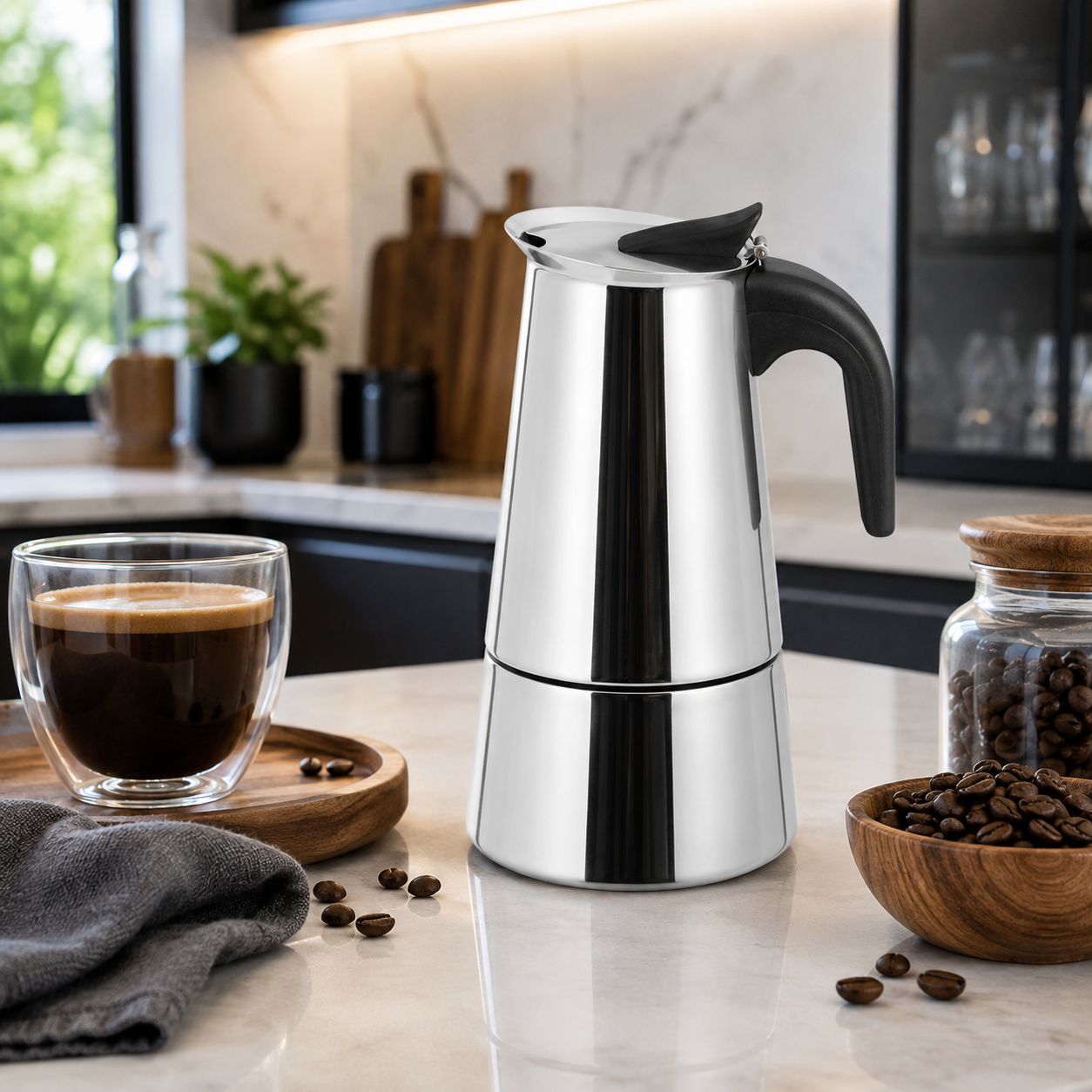 Bene Casa stainless-steel 6-cup espresso maker with black handle BC-40609