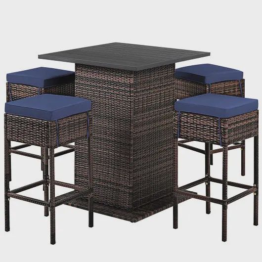 COSTWAY 5 Pieces Patio Rattan Bar Furniture Set with Hidden Storage Shelf