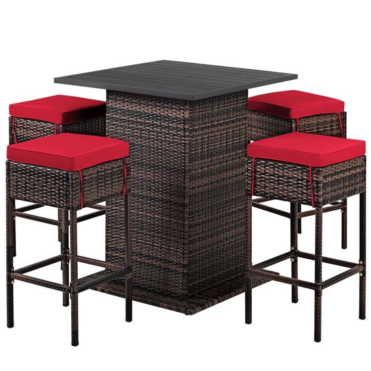 COSTWAY 5 Pieces Patio Rattan Bar Furniture Set with Hidden Storage Shelf, Color: Red