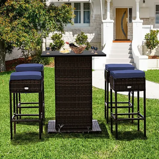Costway 5-Piece Patio Rattan Bar Furniture Set with Hidden Storage Shelf, Weather-Resistant PE Wicker, 4 Cushioned Stools, Navy (HW68244NY-NAVY) Costway 5-Piece Patio Rattan Bar Furniture Set with Hidden Storage Shelf, Weather-Resistant PE Wicker, 4 Cushioned Stools, Navy (HW68244NY-NAVY)