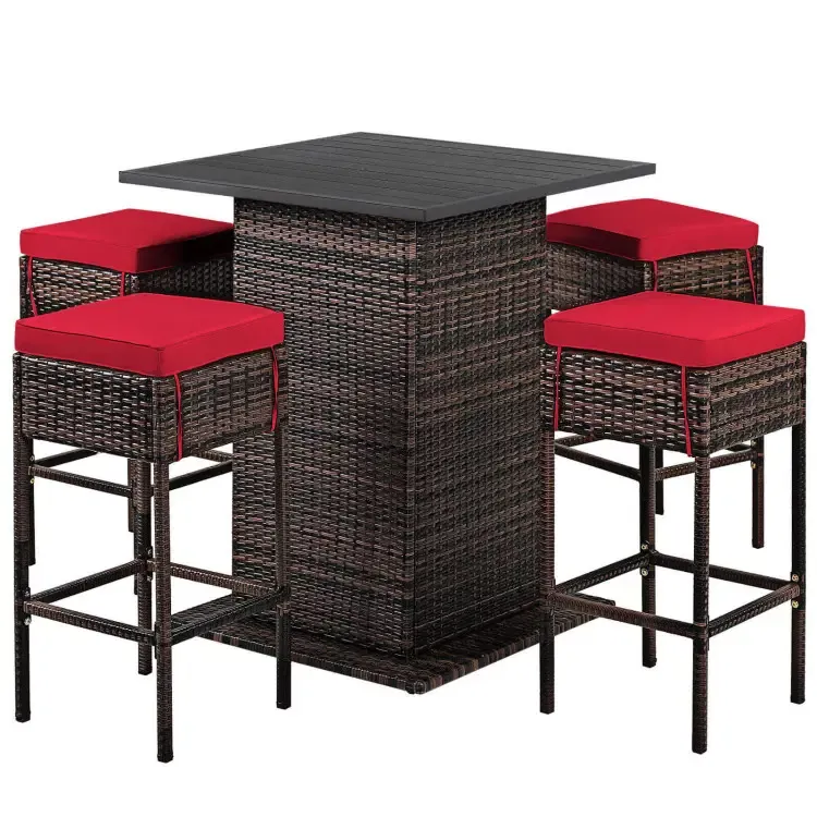 Costway 5-Piece Patio Rattan Bar Furniture Set with Hidden Storage Shelf, Weather-Resistant PE Wicker, 4 Cushioned Stools  HW68244, Color: Red