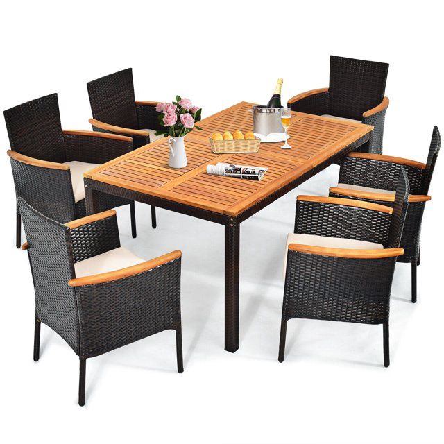 COSTWAY 7 Pieces Rattan Patio Dining Set with Stackable Chairs and Umbrella Hole