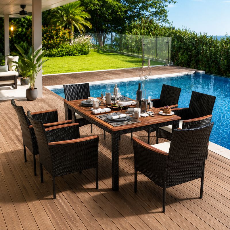 Costway 7-Piece Rattan Patio Dining Set with Acacia Wood Table, Stackable Cushioned Chairs &amp; Umbrella Hole, Mix Brown
