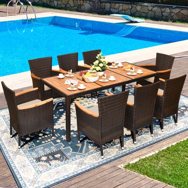 COSTWAY 9 Pieces Patio Rattan Dining Set with Stackable Chairs Cushioned and Acacia Wood Table Top
