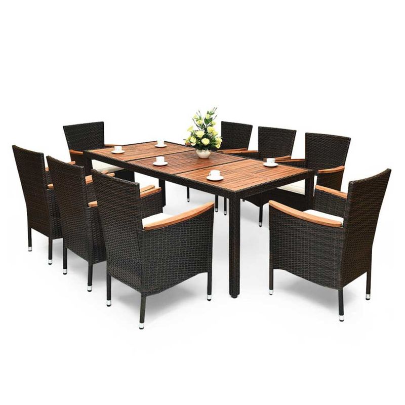 COSTWAY 9 Pieces Patio Rattan Dining Set with Stackable Chairs Cushioned and Acacia Wood Table Top