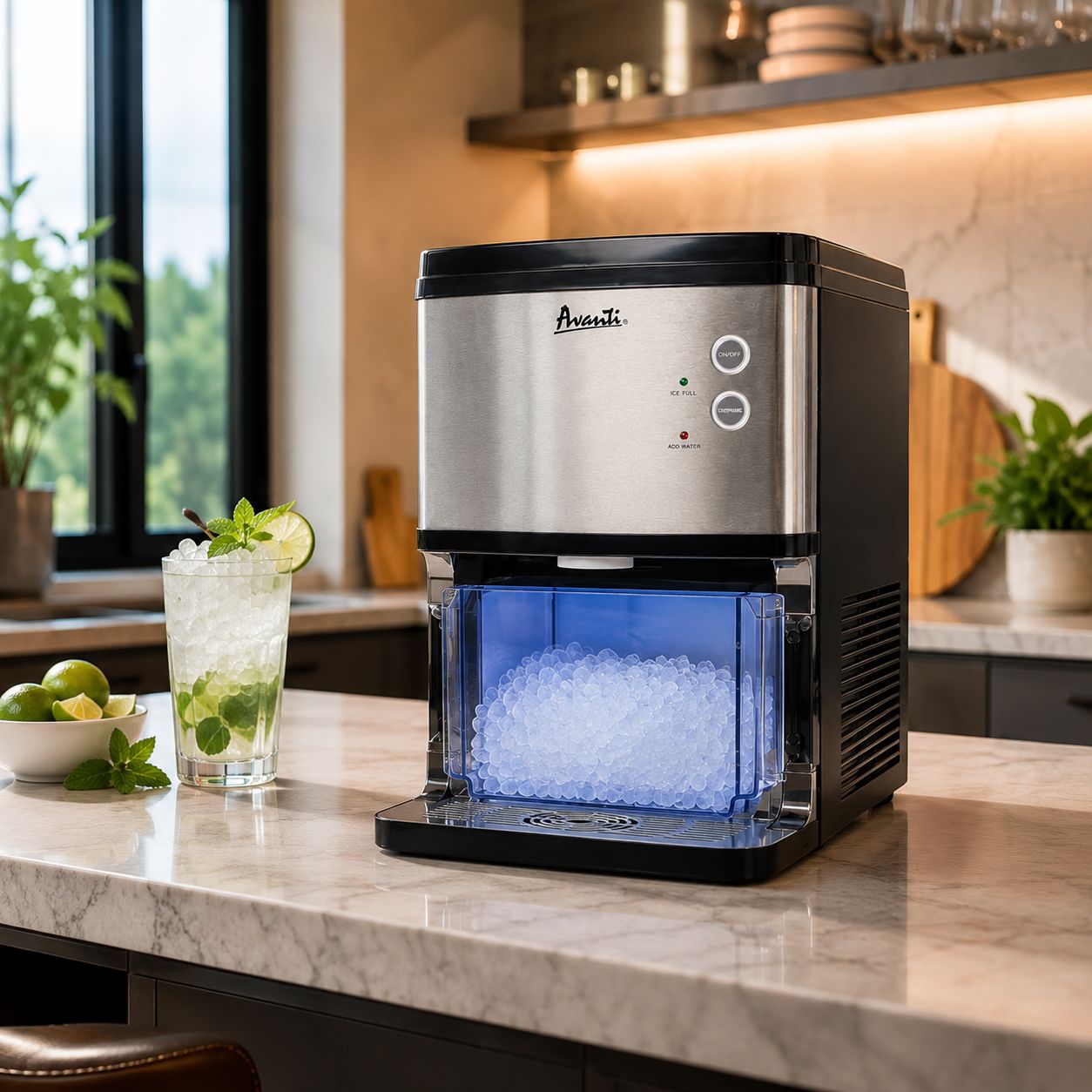 Avanti 33 lbs. Portable Countertop Nugget Ice Maker and Dispenser in Stainless Steel NIMD3313S-IS