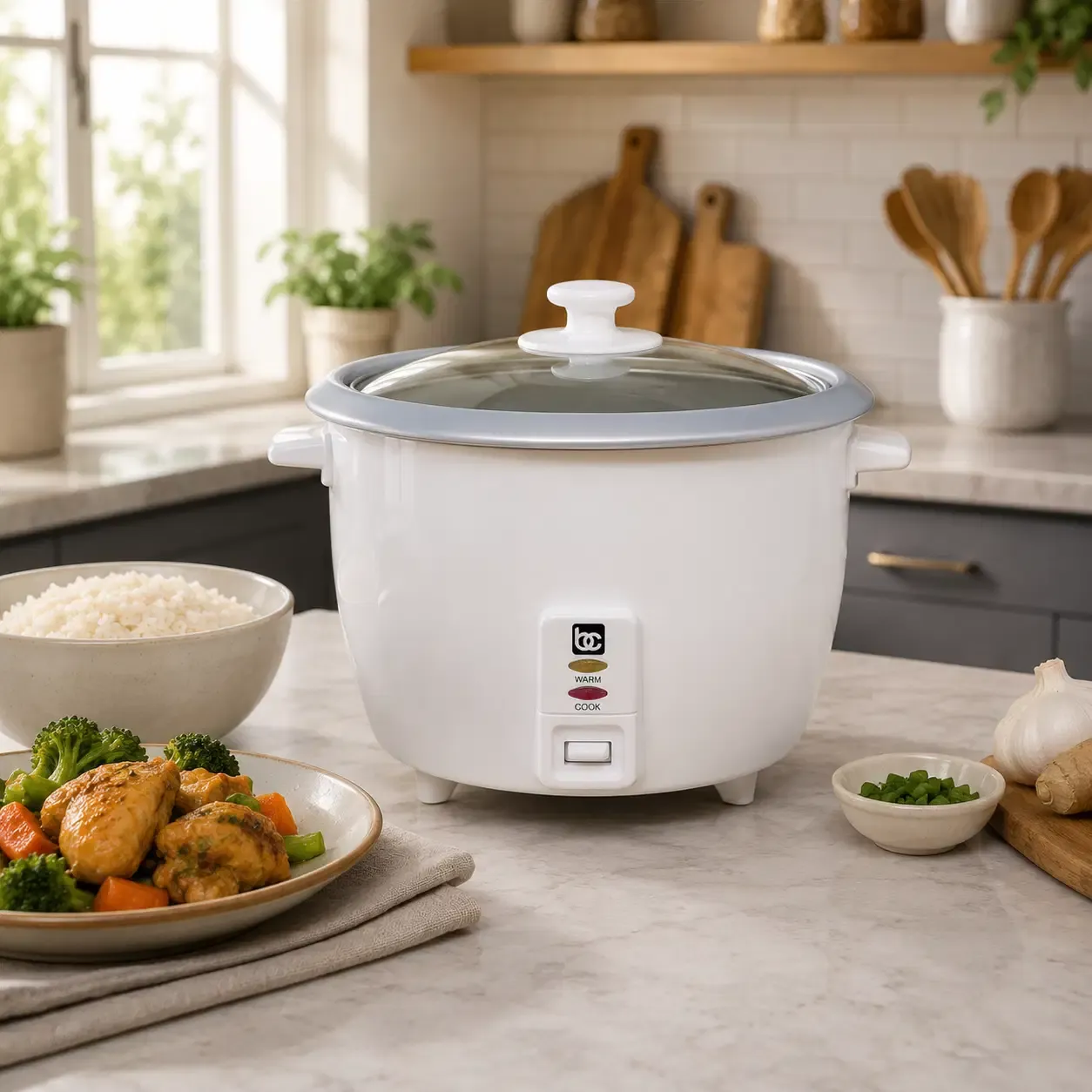 BENE CASA 20-Cup Cooked-Capacity Electric Rice Cooker, 10-Cup Uncooked Capacity, 700W/120V, Automatic 12-Hour Keep-Warm, Nonstick Aluminum Inner Pot, Glass Lid and Steamer Rack, White   BC-12418-1