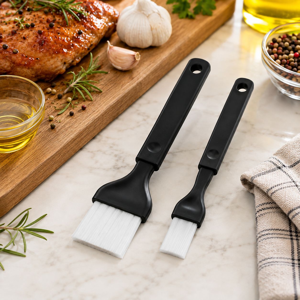 BENE CASA 2-Piece Basting and Pastry Brush Set, 8.5-Inch and 7.5-Inch Brushes with Nylon Bristles, Black  BC-56732